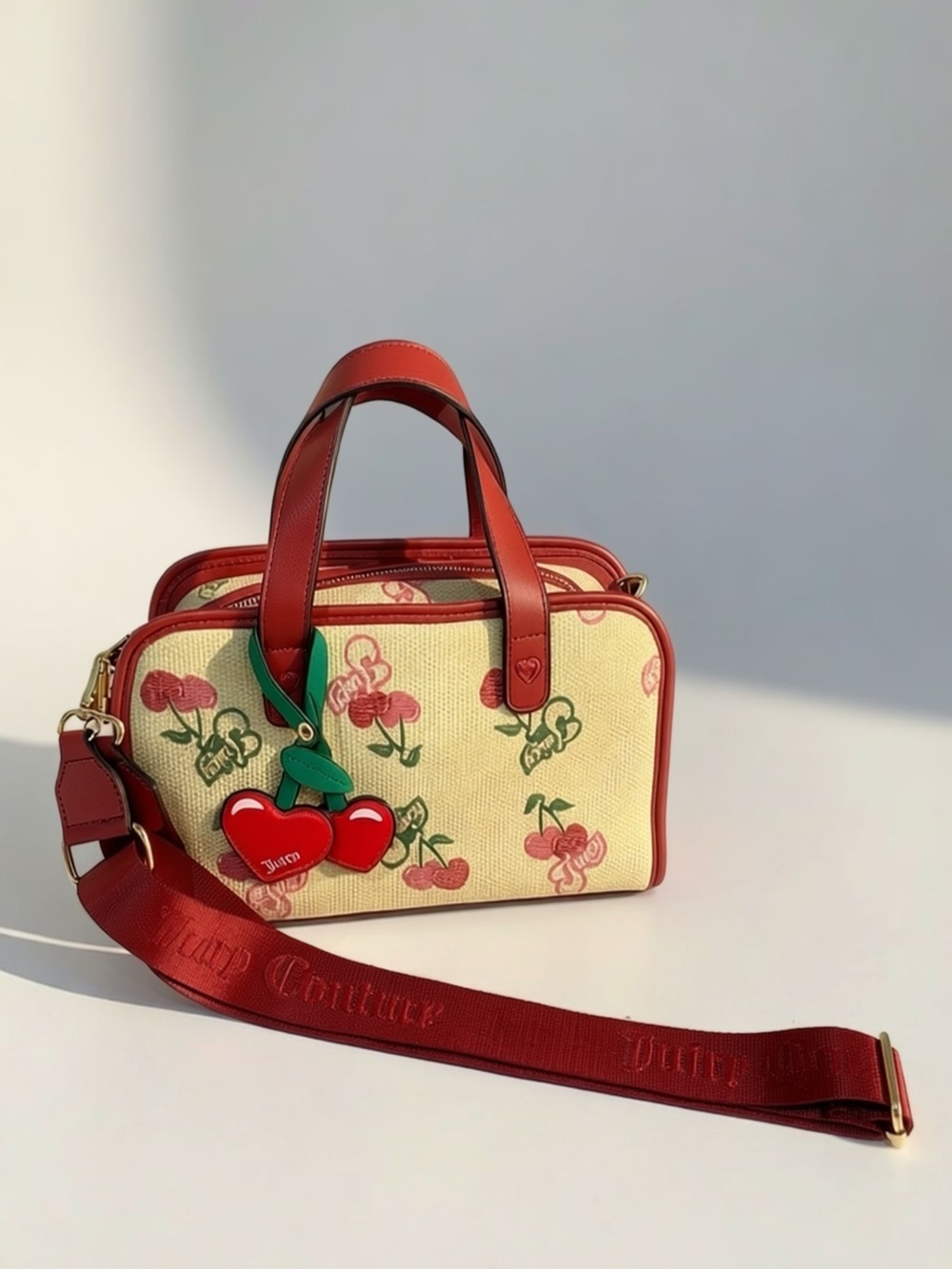Juicy Couture Paradise Cherry Crossbody Satchel Bag| Charm Y2K Red Cream Gold